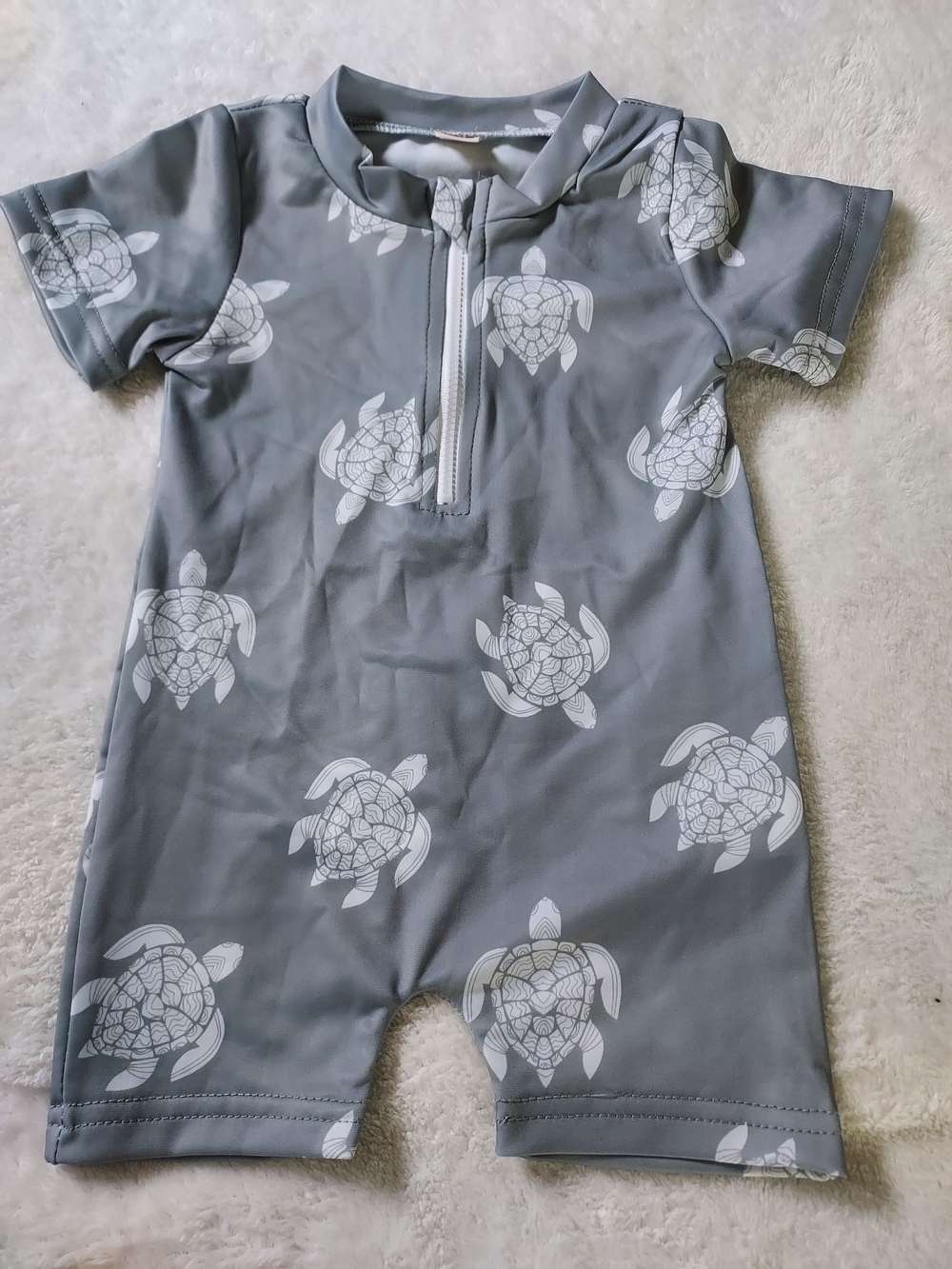 Grey Baby Rash Guard Romper with White Sea Turtle Print Beach Pool Vacation